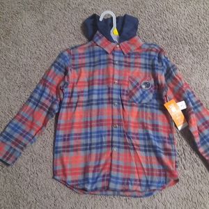 Red/blue button down flannel shirt with hoodie